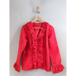 Oscar de la Renta Blouse Women 8 Red Ruffle V-Neck Long Sleeve Button Up Luxury